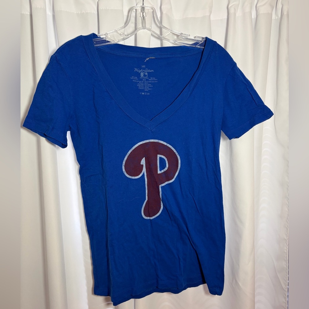 WRIGHT & DITSON Blue Cotton V-Neck Phillies T-Shirt Sz L
